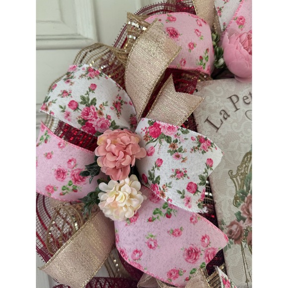 Victorian Style Vintage Bunny Rabbit Mesh Ribbon Spring Wreath, Door Hanger xxx - Picture 4 of 8